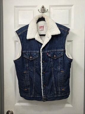 Levi's Vtg Denim Sherpa Lined Trucker Vest Western Grunge Workwear Outdoors Med.